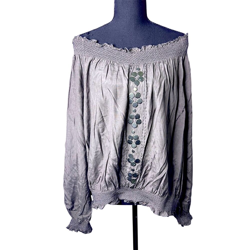 Womens Gray Off-Shoulder Top Sz L Gypsy Ren Faire Festival Boho‎ Beaded Peasant